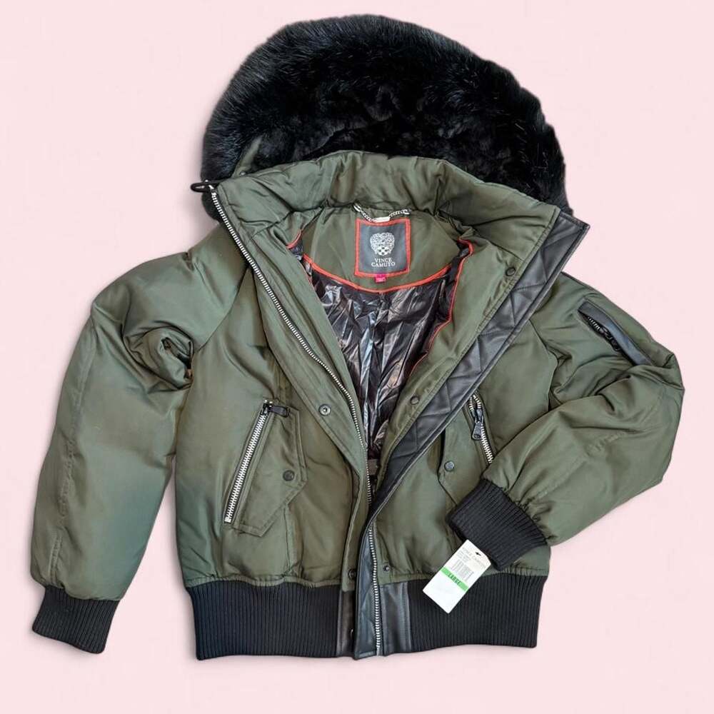 Vince Camuto Olive Green Cropped Faux Fur Bomber Jacket